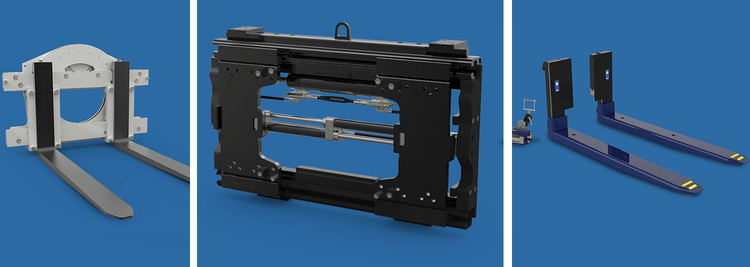 Multiple views of forklift attachments